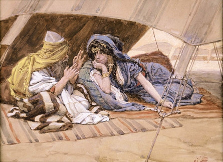 Abraham and Sarah talking while seated in the shade of a tent