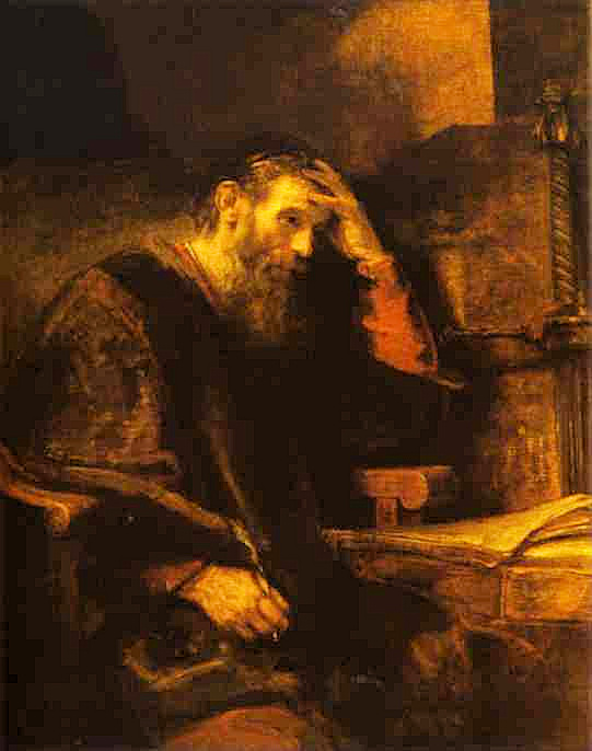 Apostle Paul seated at a table writing a letter with a quill