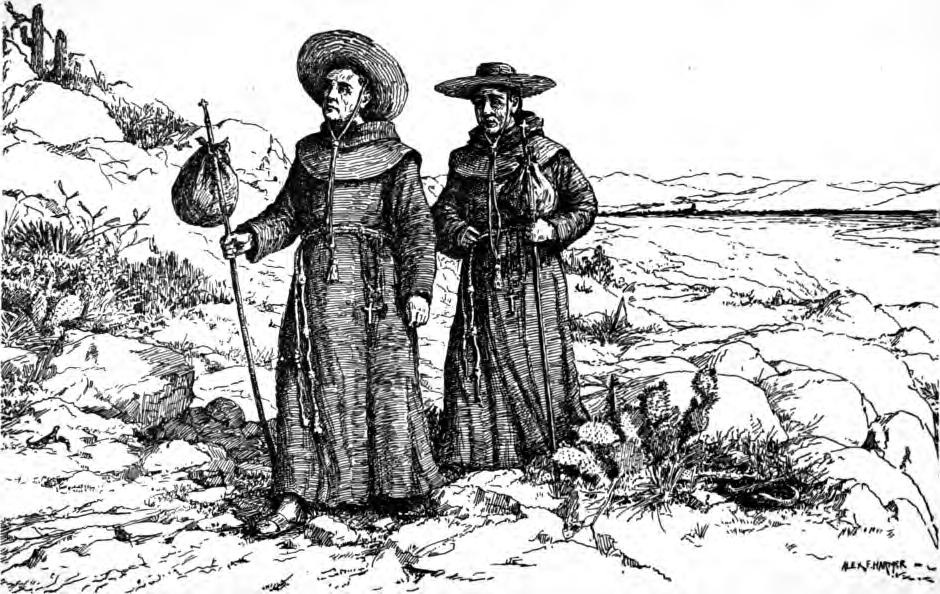 Two men in cassocks and wide-brimmed hats walking on rocky path