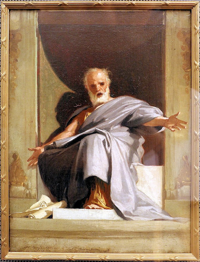 The prophet Isaiah depicted as a robed seated figure speaking and gesturing with arms outstretched