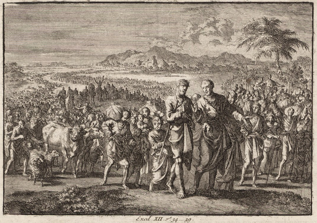 Long winding column of people and animals walking