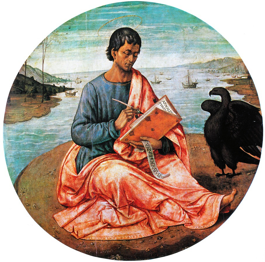 John seated on a rock near a harbor with two big birds beside him as he writes in a book