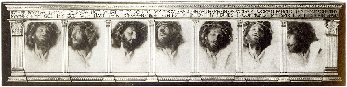 Seven drawings of the head of Christ with a crown of thorns on it