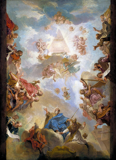 Crowd of ancient people looking toward a pyramid from which light comes