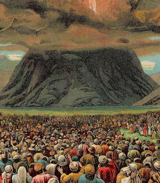 Huge throng of people standing before a mountain covered at the top with smoke and lightning