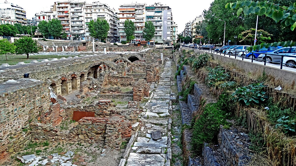 Excavated site of ruins of the Roman forum in Thessalonica, Greece
