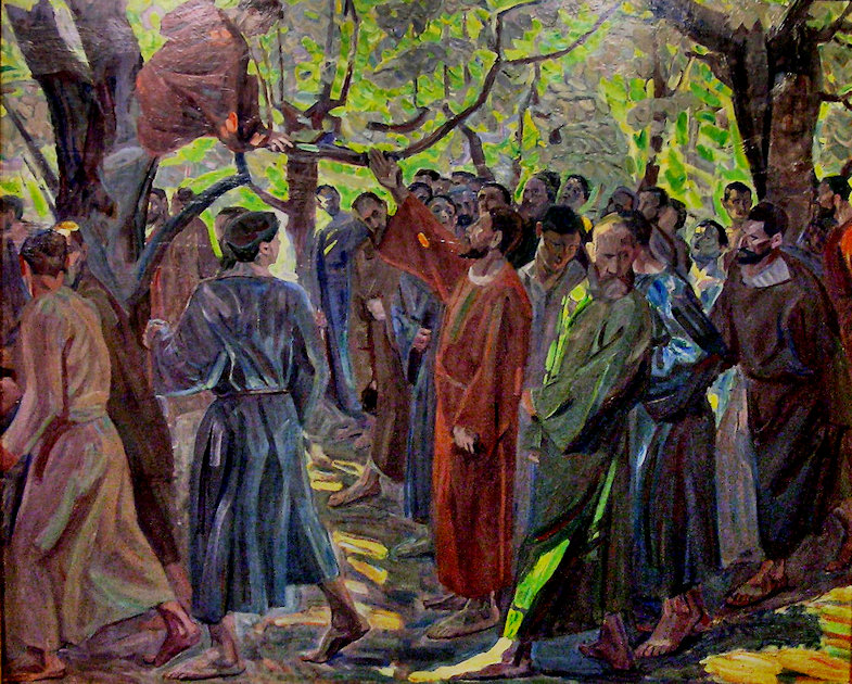 A man sitting on a tree branch not far above Jesus' head, around whom there is a crowd of people.