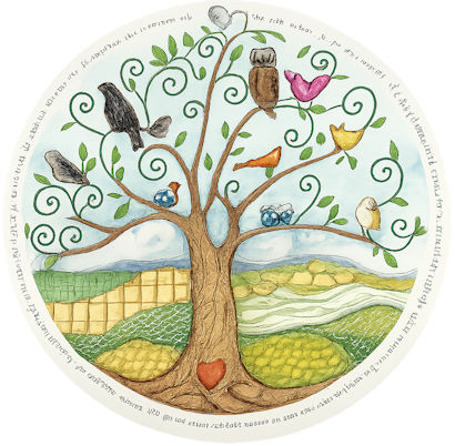 Stylized drawing of a tree with various kinds of birds sitting on its branches