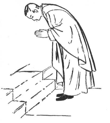 Drawing of a robed person bowing from the waist