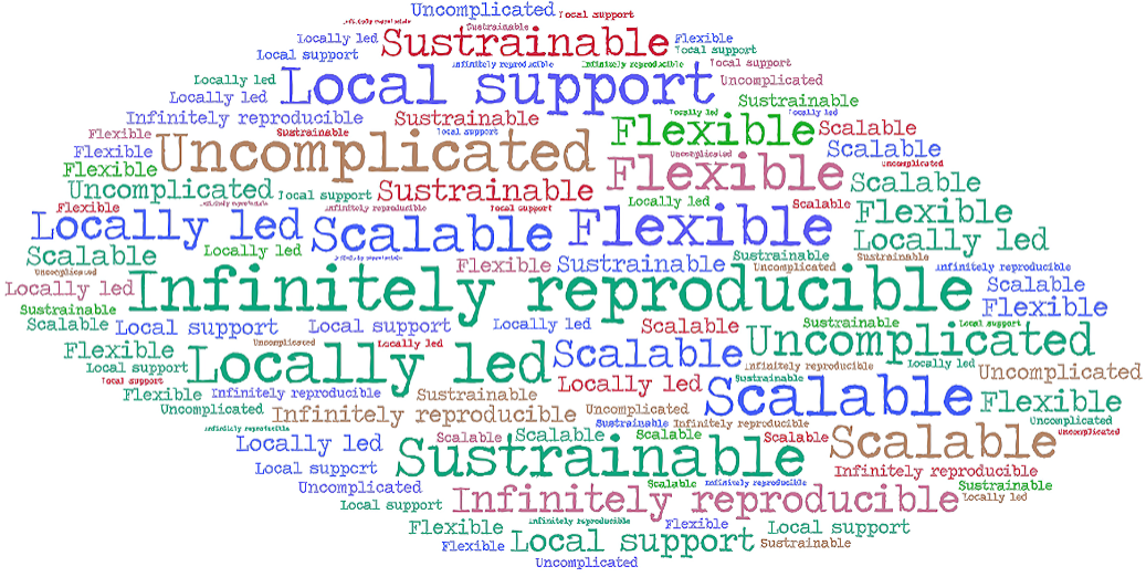 Cloud of words related to infinitely reproducible, such as scalable, locally supported, sustainable, locally led, flexible, and uncomplicated