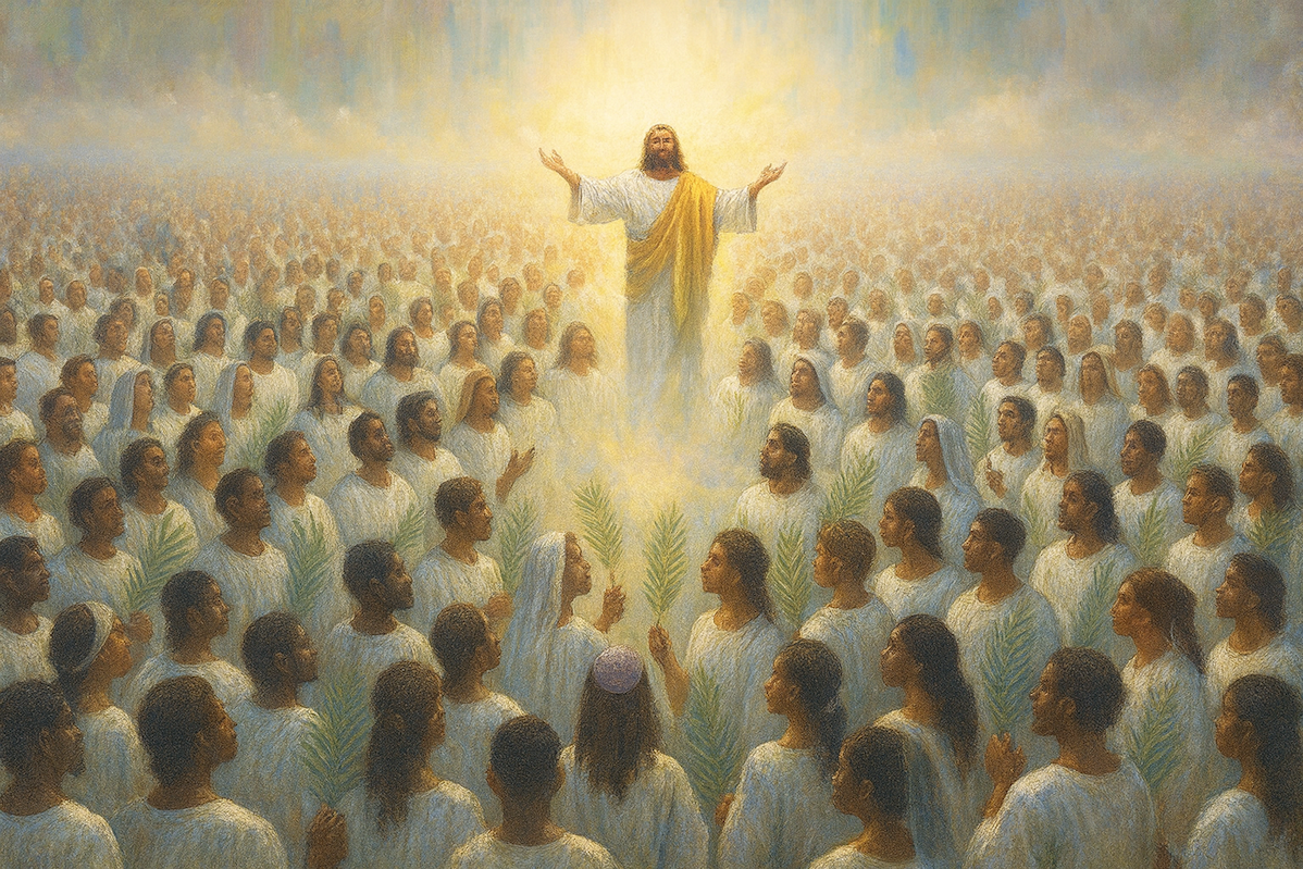 Christ standing in the middle of a huge crowd wearing white robes and holding palm branches