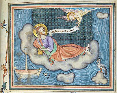 John reclining on a cloud above an island while receiving a vision.  A sailboat sits offshore below him.