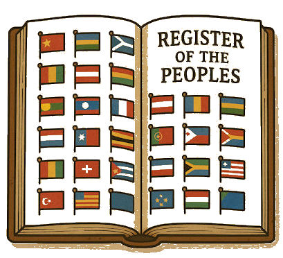 An open Register of the Peoples book with lots of small flags on the pages