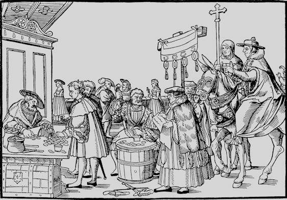 Church representative seated at a table selling indulgence papers to a line of buyers