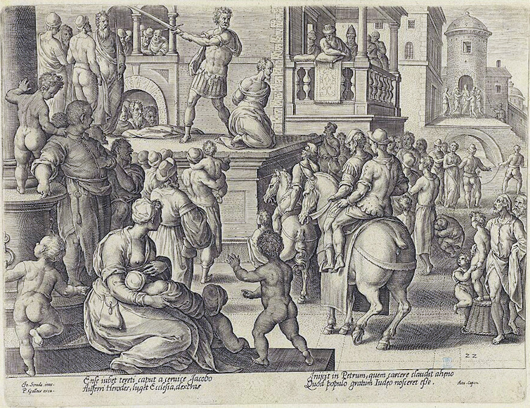 Man with sword raised to cut off a man's head in front of a crowd of men, women and children