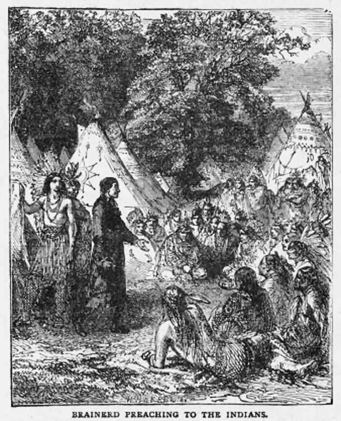 Brainerd preaching to a group of Indians --- several wearing feathered headdresses -- with tepees in the background.