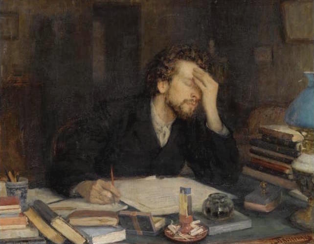 A man deep in thought as he writes something