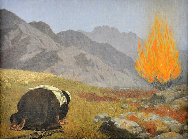 Moses bowed down to his face on the ground with a flock of sheep near him and a bush burning in front of him