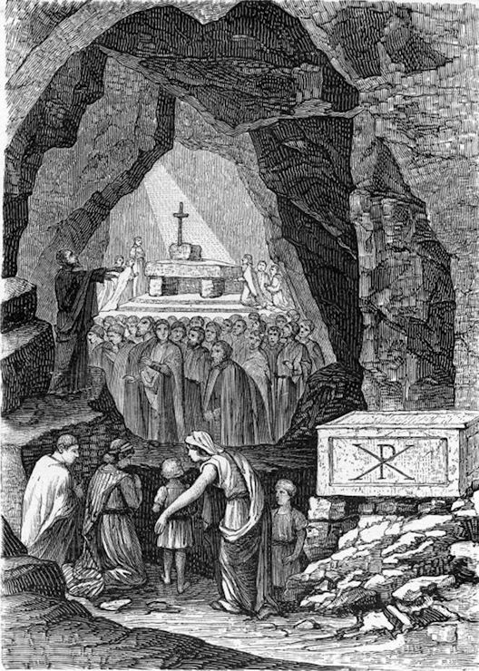 Gathering of Christians in an underground cavern as a man preaches to them