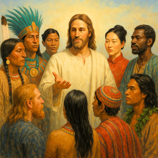 Jesus with a crowd of peole who, because of clothing, hairstyles and decorations, are obviously from different cultures