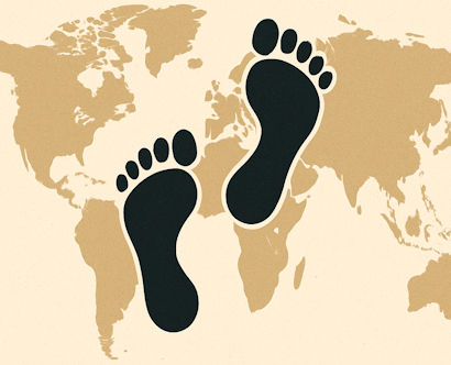 Giant footprints stepping across a world map