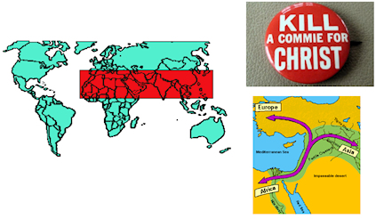 world map with 10/40 area marked, map of ancient travel routes through the Holy Land, 1950's Kill a Commie for Christ lapel button