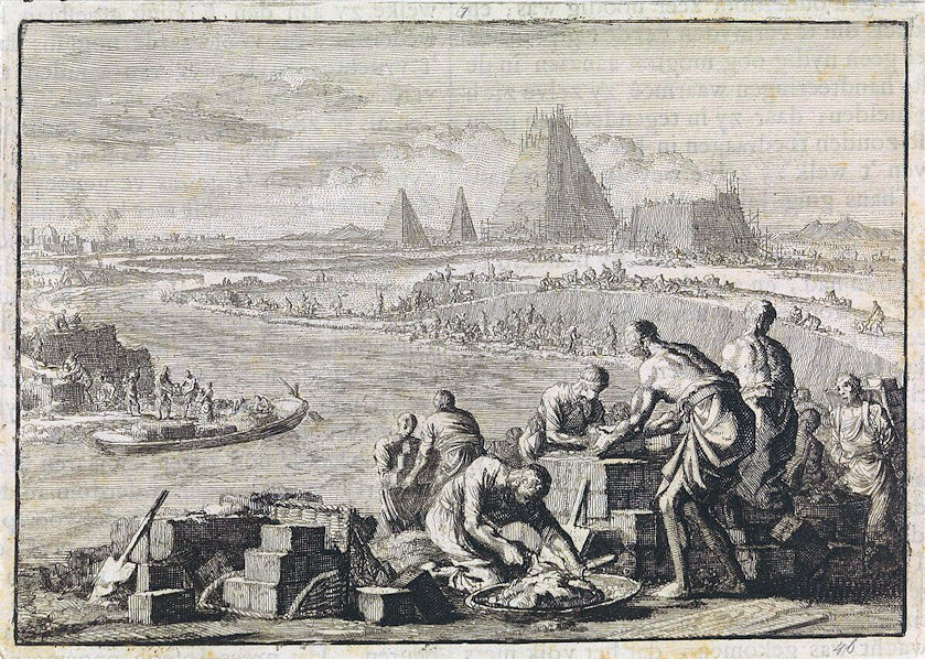 Workers making mud bricks with pyramids rising near a river