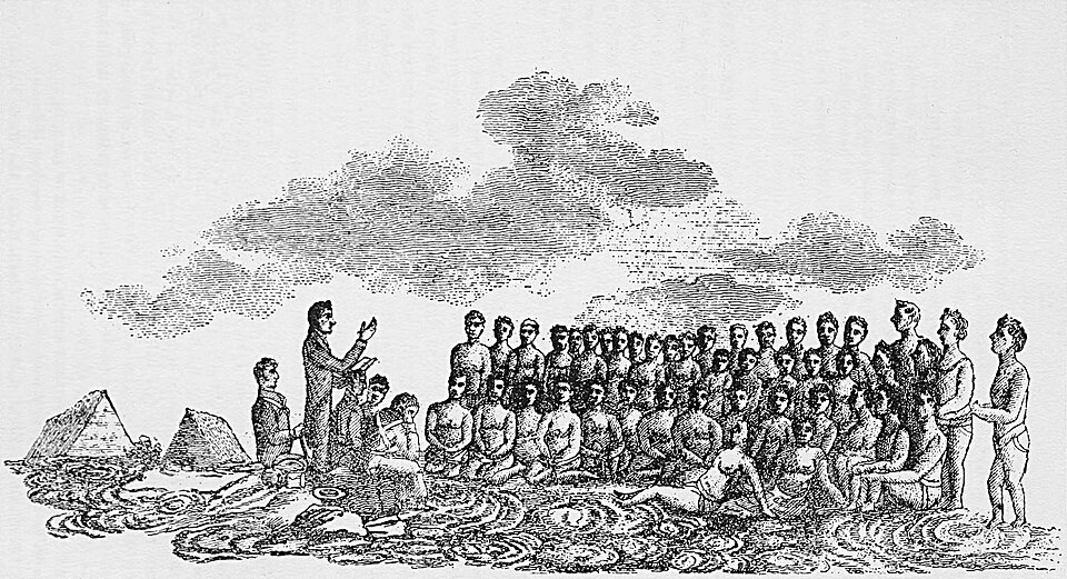 Missionary preaching to a crowd of indigenous Hawaiians