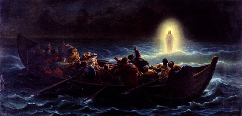 Disciples in a boat on stormy water with Christ walking toward them on the water