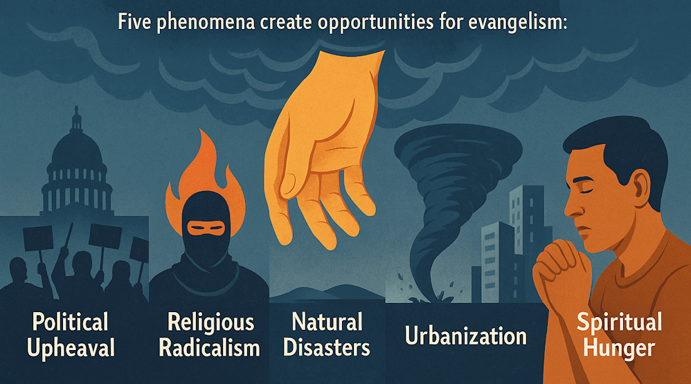 Hand coming out of cloud above tornado, tall city buildings, people with signs demonstrating and man with hands clasped in prayer