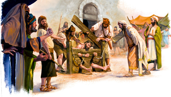 Jeremiah's head, hands, and feet being put in stocks while a crowd watches