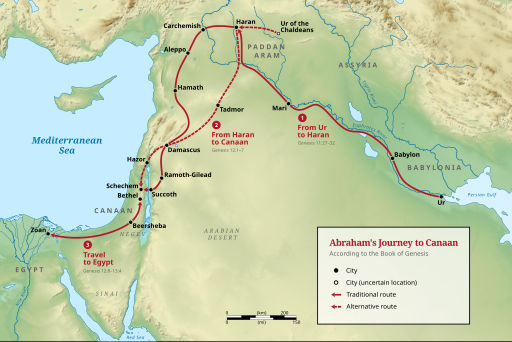 Map of Abraham’s journey from Ur to Haran, then to Canaan, Egypt, and back