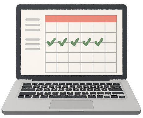 laptop with calendar on screen. Five days in one week have a green check mark