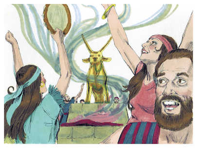 People dancing around a golden calf in worship