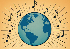 Drawing of world globe with musical notes arouind it