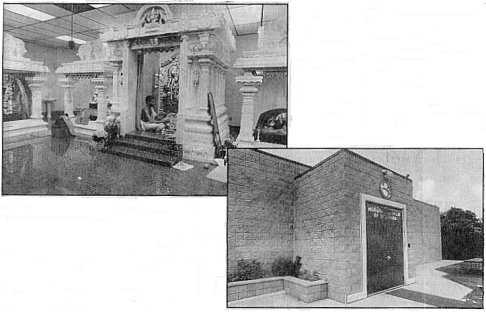 Hindu priest inside one of the five temples; exterior of Oklahoma's Hindu temple shrine