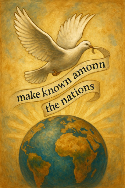dove flying over a world globe carrying a strip of paper that says 'make known among the nations.'