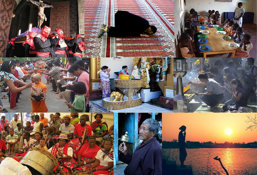 Collage of photos showing people worshiping in various world religions