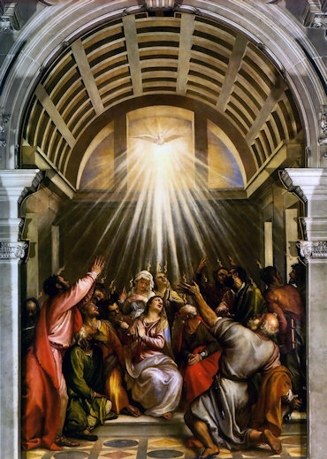 Group of people with rays of light coming down on them from a flying dove and small flames appearing on some people's heads