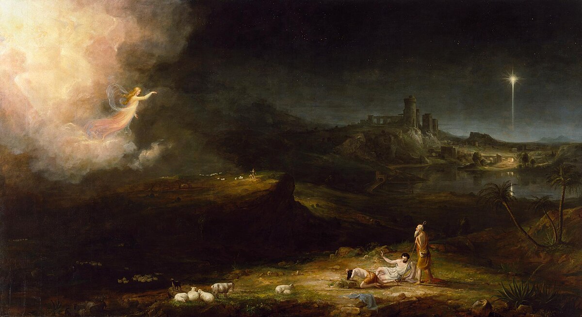 Angel in the sky appearing to men on the ground with sheep. A bright star over a nearby town.