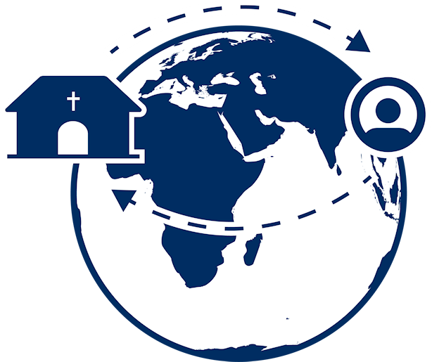 globe with arrows connecting a church on one side with a a missionary on the other