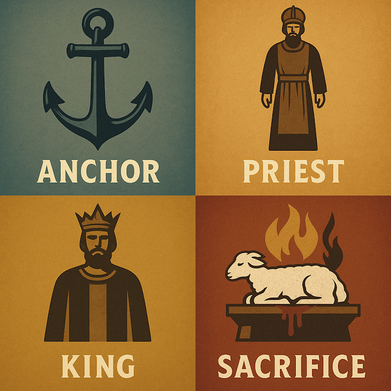 Words and symbols such as priest, king, and sacrifice that describe Jesus