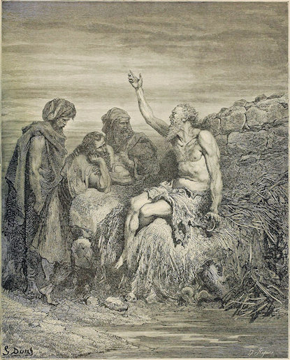 A nearly-naked man sitting on straw talking to three well-dressed people standing
