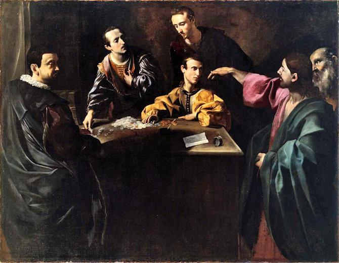 Matthew being called by Jesus while seated at a table with money on it and three people around him