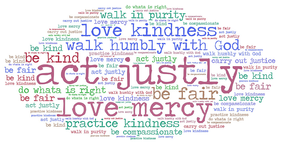 Word cloud of different English translations of Micah 6:8 such as walk in purity, do what is right, love kindness, carry out justice, be fair, and be compassionate