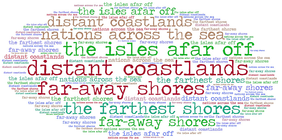 Word cloud of the way various English translations render the 'distant coastlands