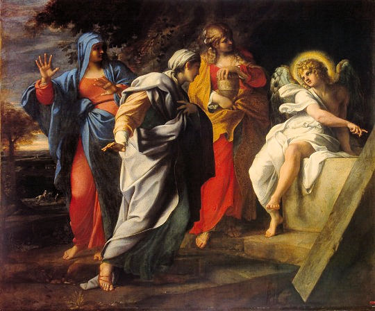 An angel shows three women that Jesus' body is no longer in the tomb