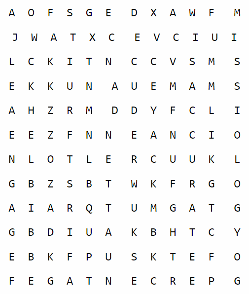 grid of letters of the alphabet for word search puzzle