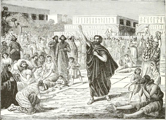 Jonah walking down a street preaching to crowds on either side of the street