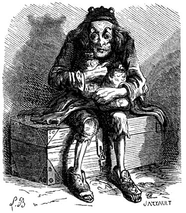 Grotesque drawing of wretched, sitting figure grasping at things